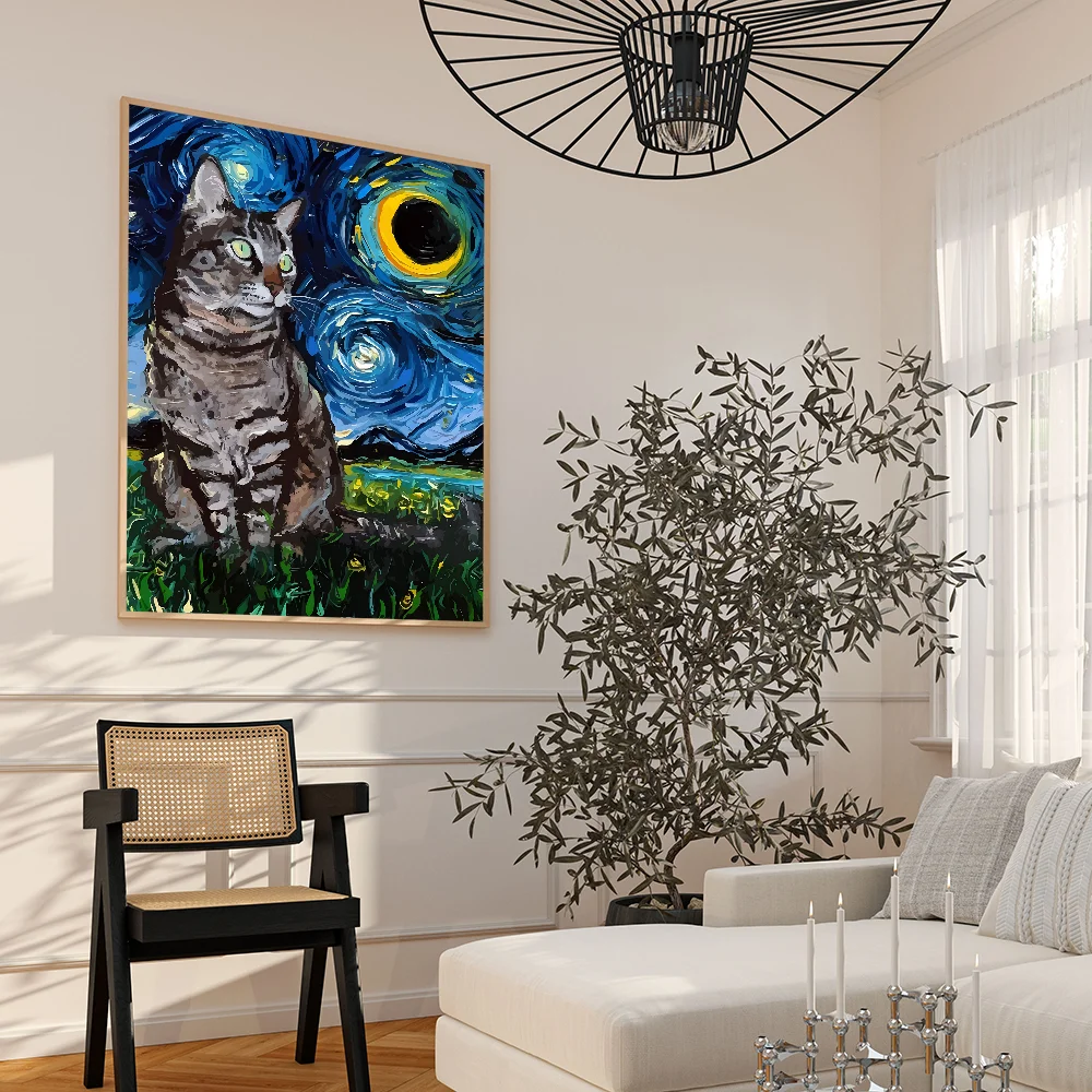 Van Gogh The Starry Night Romantic Black Cat WhitePaper Poster Sticker for Living Room Bar Decorants Aesthetic Art Wall Painting