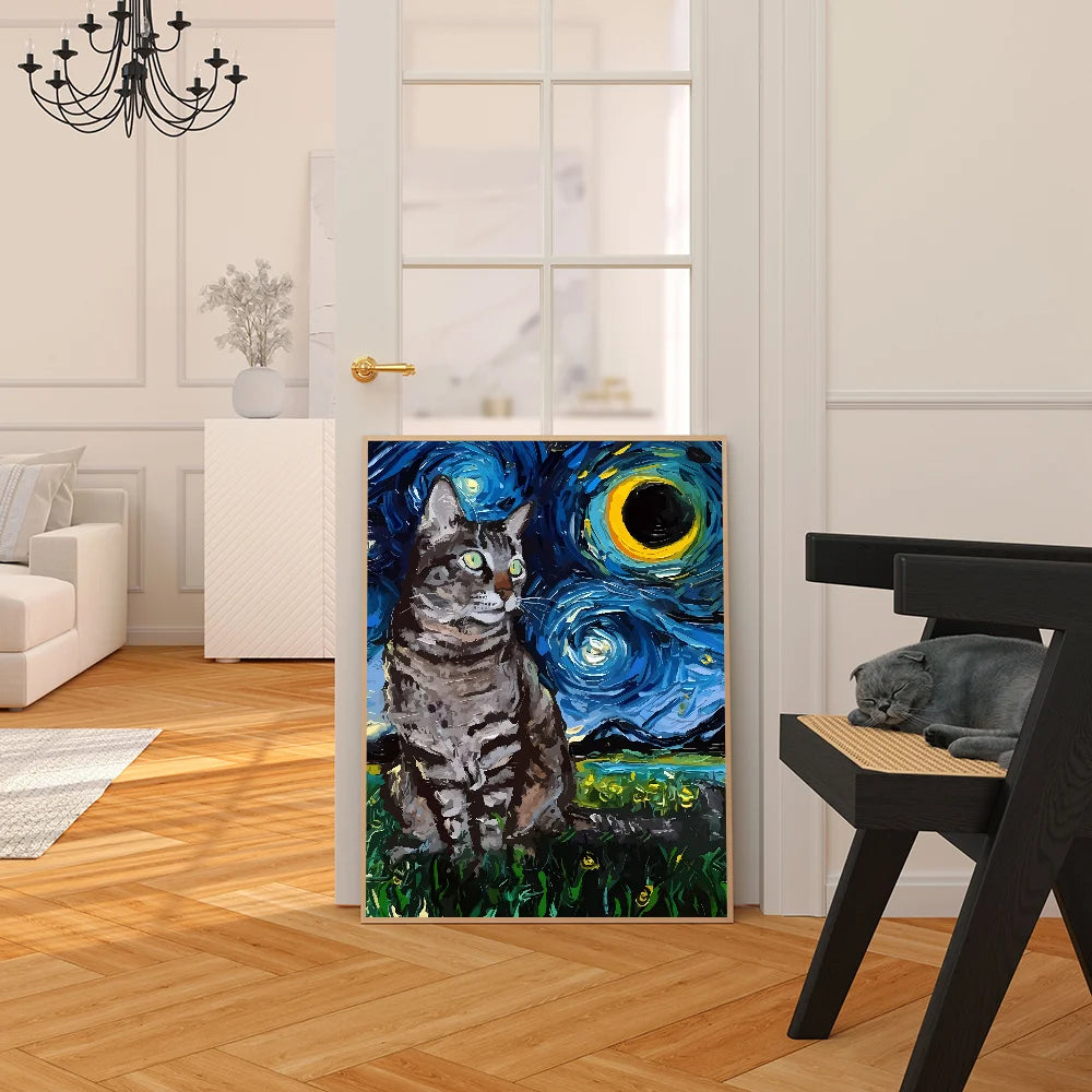 Van Gogh The Starry Night Romantic Black Cat WhitePaper Poster Sticker for Living Room Bar Decorants Aesthetic Art Wall Painting